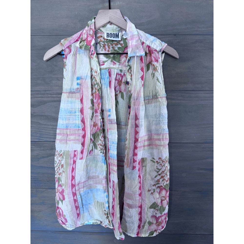 BOOM Womens Cotton Gauze Sleeveless Floral Button Down Top Pink Blue Medium VTG